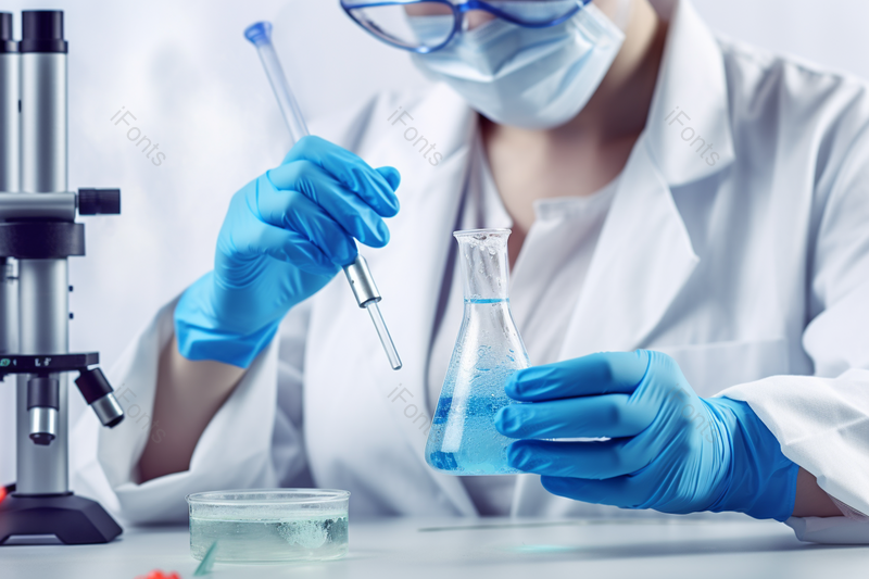 白衣科研人员拿着试管与烧杯带着口罩做实验,高清,摄影图,摄影图片,图片大全,摄影图免费下载